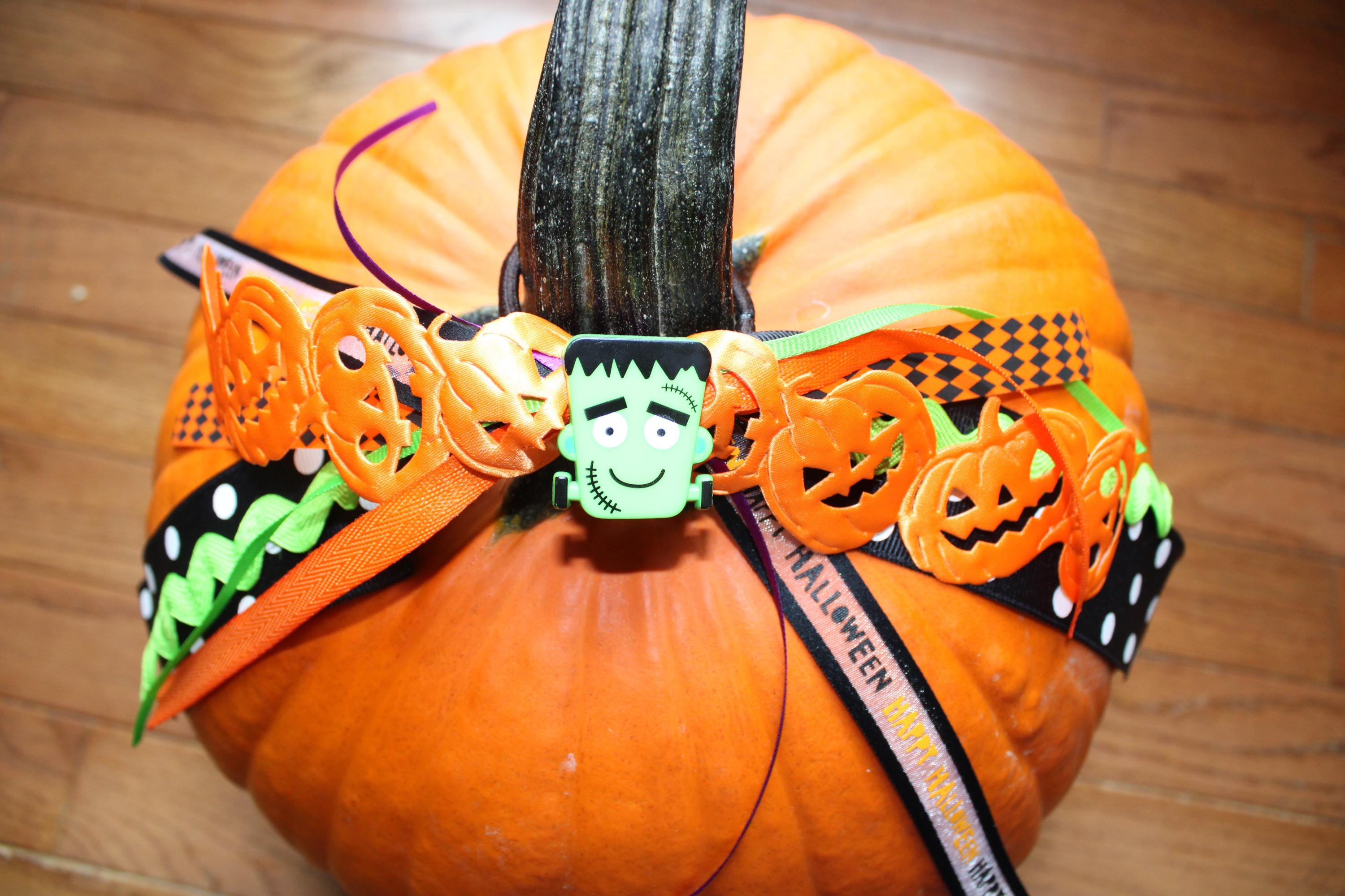 Frankenstein Halloween Hair Ribbon Streamer Bow Piece Green Orange ...