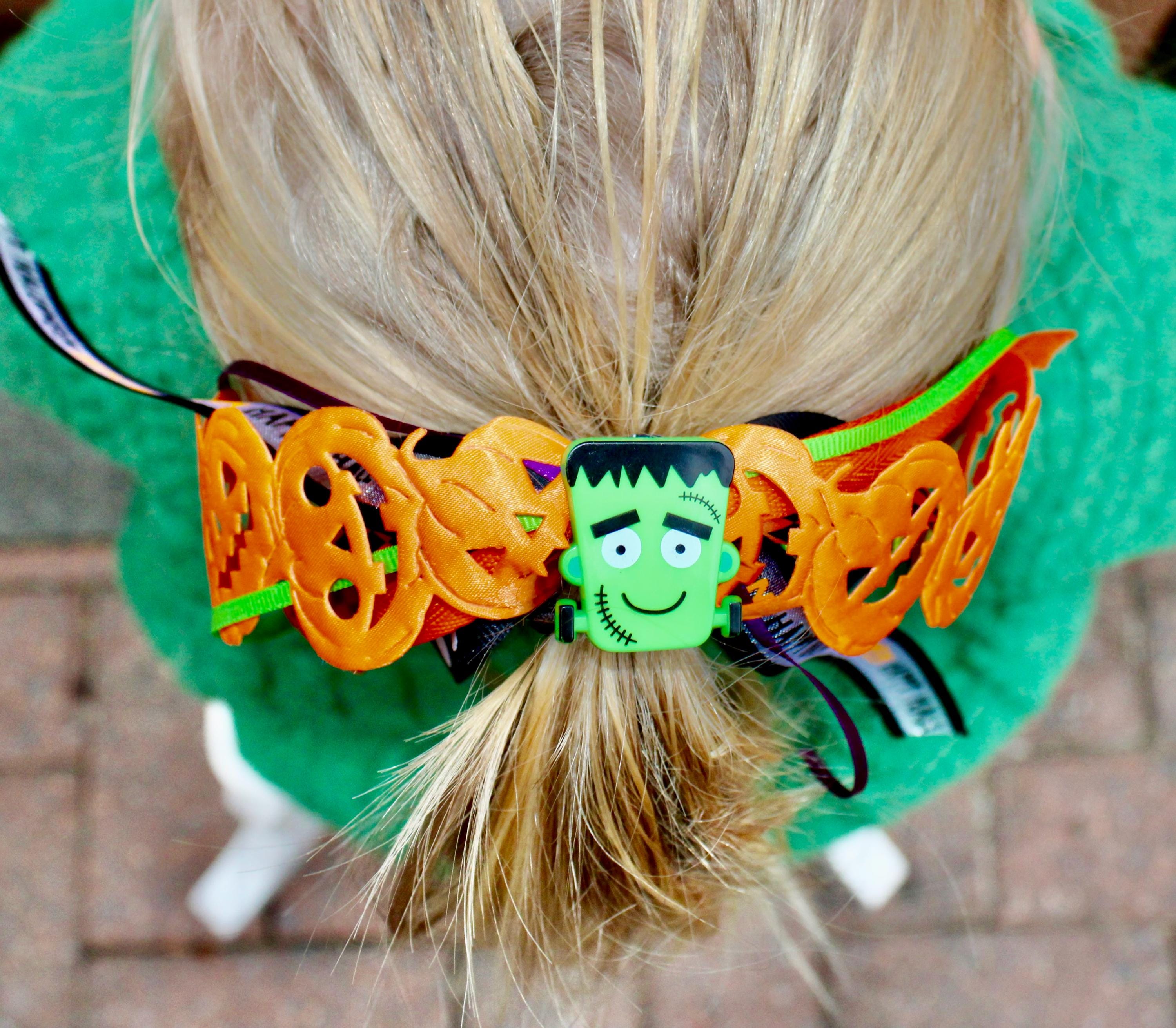 Frankenstein Halloween Hair Ribbon Streamer Bow Piece Green Orange ...