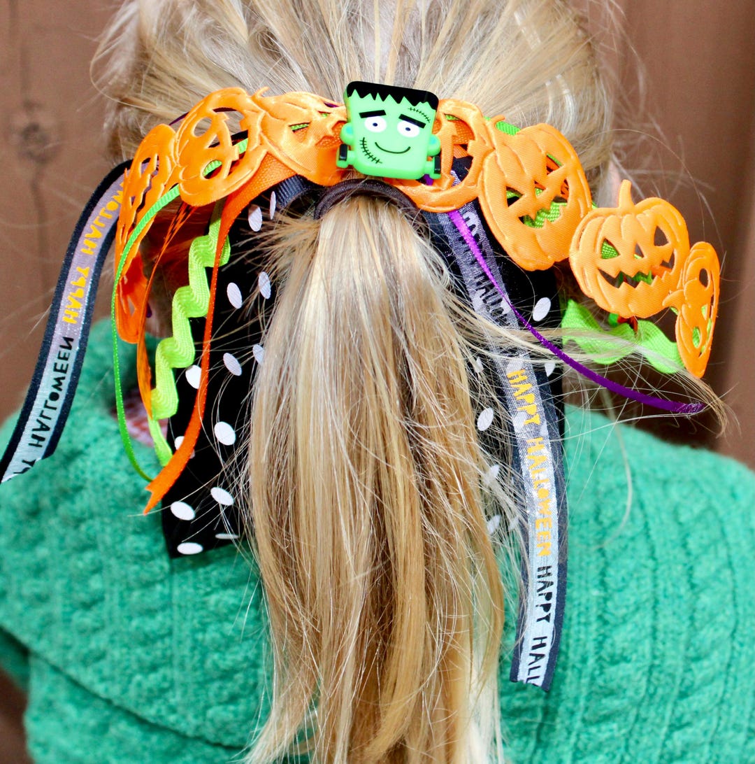 Frankenstein Halloween Hair Ribbon Streamer Bow Piece Green Orange ...