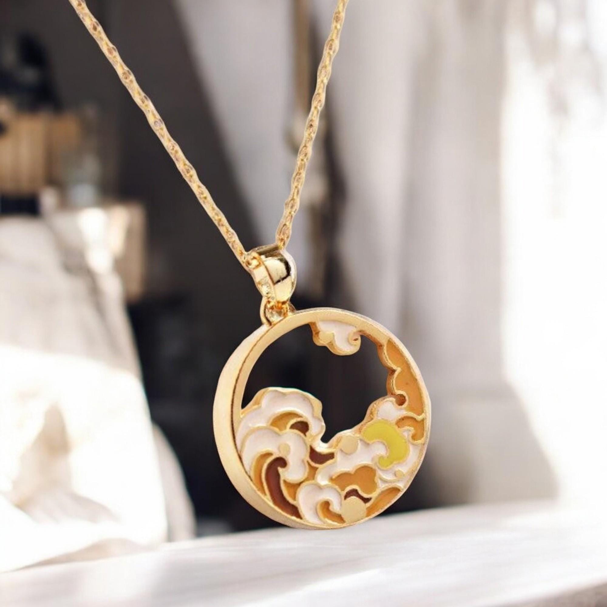 Gold Japanese Ukiyo-e Ocean Wave Pendant Necklace | Handmade