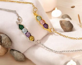Collar personalizado con piedra de nacimiento familiar, joyería con piedras de nacimiento en forma de guisante, collar con múltiples piedras de nacimiento, regalo para dama de honor o Navidad.