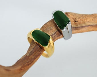 Green Gemstone Statement Ring: 18K Gold Filled Titanium Steel Boho Jewelry