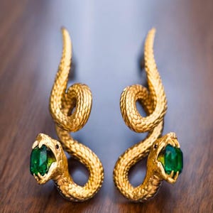 Puede incluir: Un par de pendientes de serpiente dorados. Cada pendiente presenta un diseño de serpiente enroscada con una gema verde en la boca. Las serpientes tienen escamas texturizadas y están sobre una superficie de madera oscura.