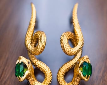 Emerald Snake Earrings: Golden Serpent Drop Earrings