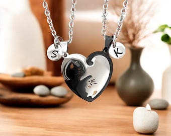 Matching Couples Cat Necklace Set, Personalized Kitty Necklaces for Boyfriend Girlfriend, Animal Lovers Gift, Best Friends Anniversary