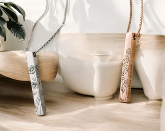Personalized Birth Flower Pendant Bar Necklace, Custom Mother's Day Gift, Family Name Jewelry, Memorial Loss Keepsake, Unique Gift for Mom