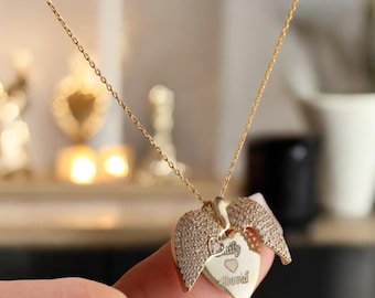 Dainty Angel Wings Necklace: Personalized Engraved Message, Guardian Gift