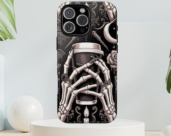 Skeleton Hands Coffee Phone Case ,Gothic Dark Art Aesthetic iPhone Case with Skull Design, Halloween Gift, Spooky Phone Accessories.