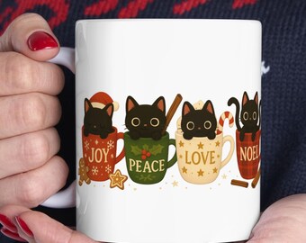 Christmas Cat Mug, Joy Peace Love Design, Holiday Coffee Mug Gift