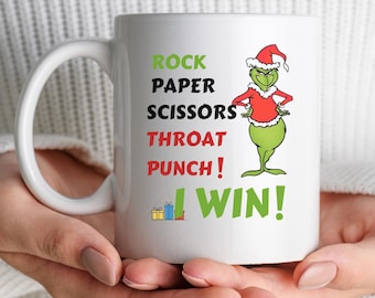 Funny Grinch Christmas Mug: Rock Paper Scissors Gag Gift (11oz, 15oz)