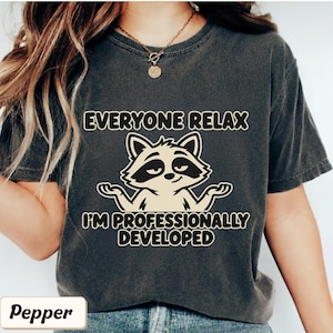 May include: A charcoal gray short-sleeve t-shirt featuring a graphic of a raccoon with a shrug gesture. The text reads EVERYONE RELAX I'M PROFESSIONALLY DEVELOPED. The shirt has a faded, washed-out appearance and a crew neckline.