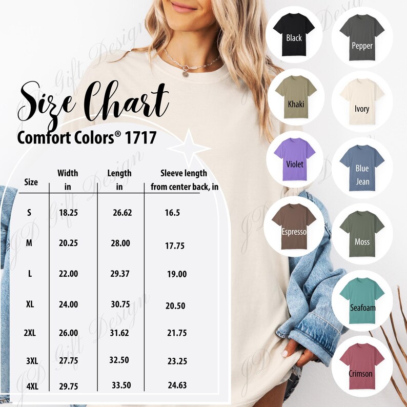 May include: A size chart for Comfort Colors 1717 apparel, with measurements in inches. The chart includes sizes S to 4XL, with width, length, and sleeve length measurements. Color options are displayed, including black, khaki, violet, espresso, moss, and crimson.