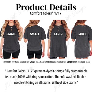 May include: A display of Comfort Colors 1717 garment-dyed t-shirts in charcoal gray, showcasing small and large sizes. The text highlights the t-shirt's features: ring-spun cotton, soft-washed, double-needle stitching, and no side seams.