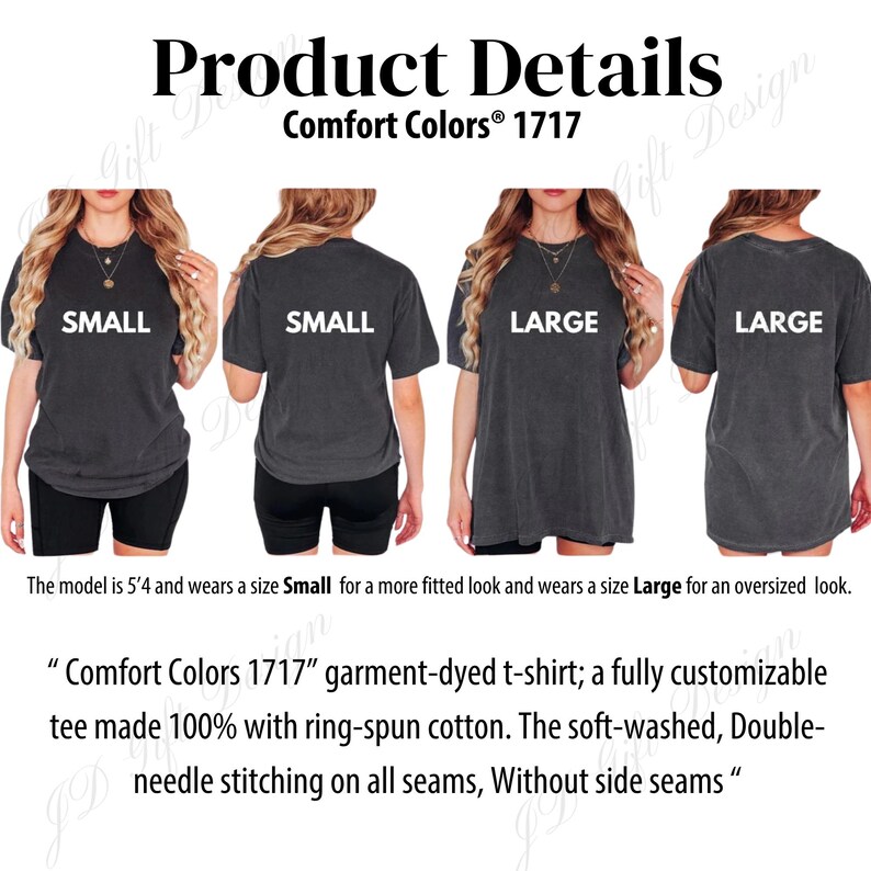 May include: A display of Comfort Colors 1717 garment-dyed t-shirts in charcoal gray, showcasing small and large sizes. The text highlights the t-shirt's features: ring-spun cotton, soft-washed, double-needle stitching, and no side seams.