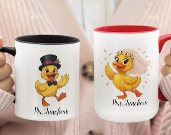 Gepersonaliseerde Mr. & Mrs. Quackers-bruiloftmokset: grappig koppel eend