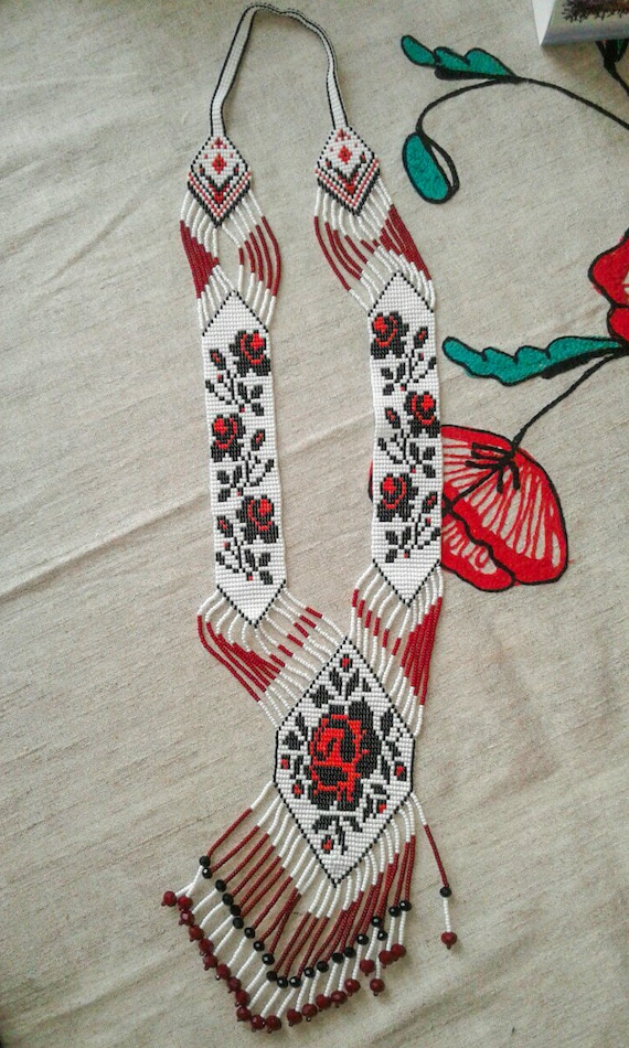 Beaded long necklace Creative Master Ukrainian rose Gerdan traditional folk Ukraine necklace Handmade Jewelry