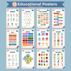 Peut inclure: Ensemble de 12 affiches éducatives avec des sujets variés : chiffres, lettres, alphabet, couleurs, jours, mois, formes, sentiments, météo, saisons, fruits et légumes. Chaque affiche présente des illustrations et du texte colorés.