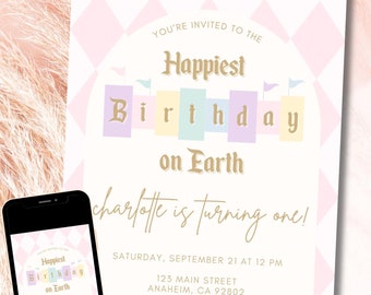 Disneyland Birthday Invitation | Happiest Birthday on Earth Invitation | Vintage Disneyland | Digital Birthday Invitation | Pastel Disney