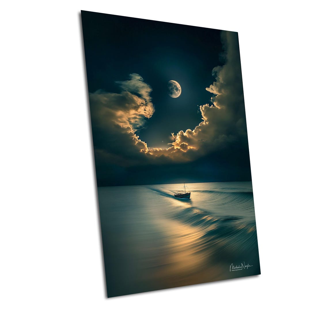 Moonlit Boat on Ocean Art Print Dreamy Night Seascape - Etsy