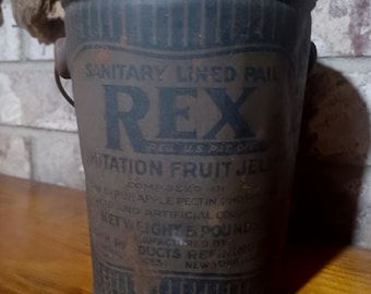 Lata vintage de gelatina de frutas REX con tapa y asa, 2,27 kg (5 lb), publicidad de productos de maíz, decoración rústica de granja de Nueva York, almacenamiento de metal antiguo