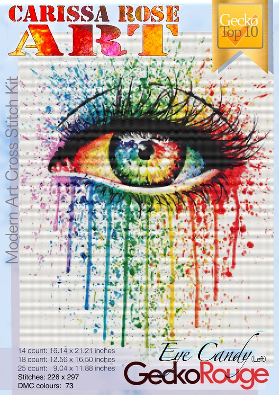 Eye Candy left by Carissa Rose Modern Cross Stitch Art Kit 14 Count 2x1 Kit,  Modern Rainbow Eye Cross Stitching Set 