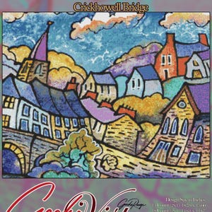 May include: A cross-stitch pattern featuring a colorful village scene with houses, a bridge, and a church. The design is titled "Crickhowell Bridge" by Donan Spencer Davis. The Gecko Vista logo is at the bottom.