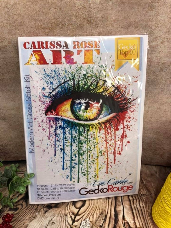 Eye Candy left by Carissa Rose Modern Cross Stitch Art Kit 14 Count 2x1 Kit,  Modern Rainbow Eye Cross Stitching Set 