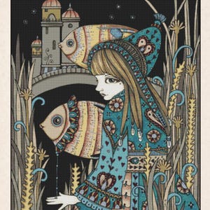 May include: A cross stitch pattern titled Anita Inverarity Pisces by GeckoRouge. The design features a person in a teal patterned outfit and hat, two large fish, and a castle in the background, surrounded by tall reeds. Stitches: 280 x 351.