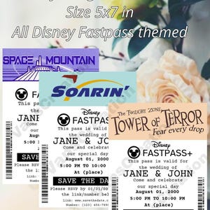 May include: Three printable Disney Fastpass themed wedding invitations with the text "Save the Date" and the names "Jane & JC" and "Jane & John".