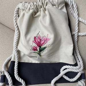 Backpack embroidered with magnolia, gym bag, drawstring backpack, hiking backpack, hiking, vacation