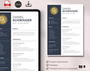 Peut inclure: Un modèle de CV bleu foncé et or avec un design professionnel. Le CV est pour un développeur web nommé Daniel Schwaiger. Le CV comprend des informations de contact, des compétences, de l'expérience et de la formation. Le CV est modifiable et compatible avec plusieurs appareils.