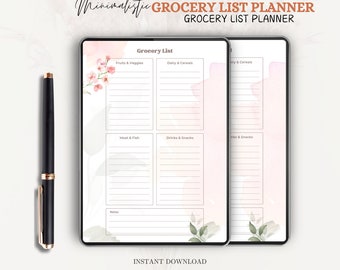 Puede incluir: Una plantilla de planificador de lista de la compra digital mostrada en dos pantallas de tableta con un bolígrafo negro. El planificador incluye secciones para Fruits & Veggies, Dairy & Cereals, Meat & Fish y Drinks & Snacks con flores rosas.