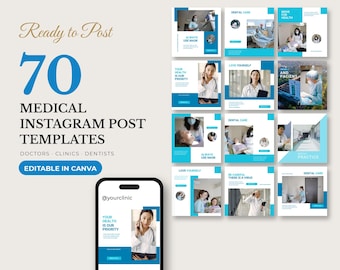 May include: A digital collection of 70 medical Instagram post templates featuring blue and white color schemes, various healthcare imagery, and text overlays. A smartphone displays one template with the text Your Health Is Our Priority.