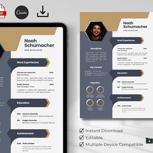 May include: A modern CV template with a dark grey background and gold accents. The CV features a headshot of a man, a description of his skills and experience, and a list of his education and achievements. The text "Noah Schumacher" is at the top of the CV, and the text "Web Developer" is below it.
