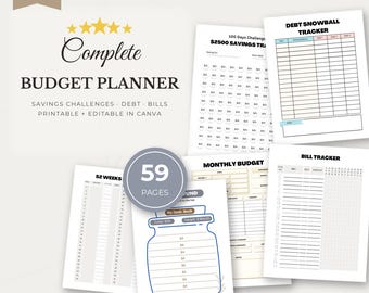 May include: A digital budget planner set featuring 59 pages of printable templates including a debt snowball tracker, 100 days savings challenge, monthly budget, bill tracker, and 52 weeks savings chart with text labels in black and white.
