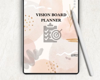 May include: A digital tablet displaying a vision board planner with a soft watercolour background in shades of peach and cream. The screen features the text VISION BOARD PLANNER above a grey clipboard and target icon, accompanied by a white stylus.