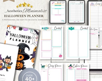 May include: A digital Halloween planner set featuring various printable pages including a cover with a pumpkin character in a witch hat, checklists, a daily planner, and a costume planner. The pages contain colorful graphics, text headers, and tables.