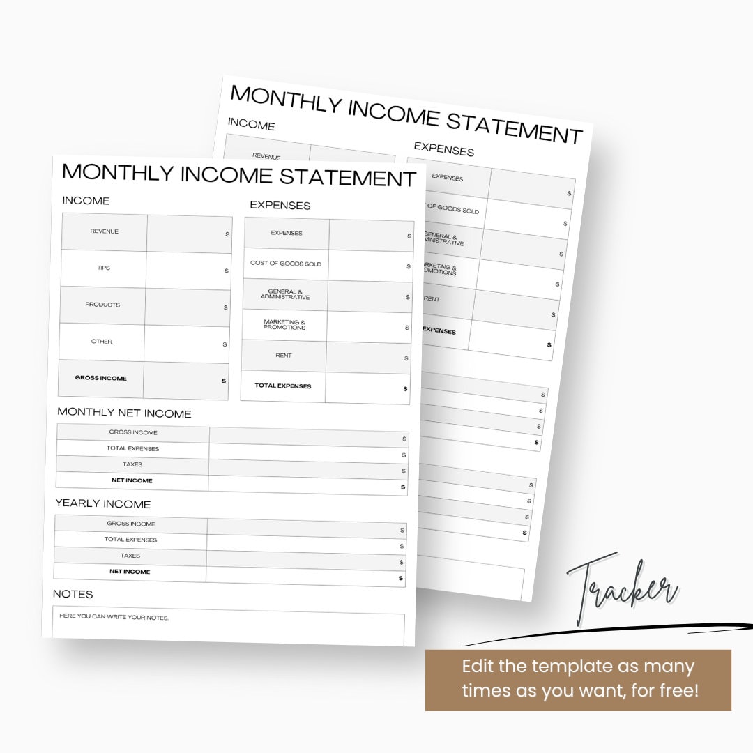Monthly Income Statement Template: Profit and Loss Analysis (digital ...