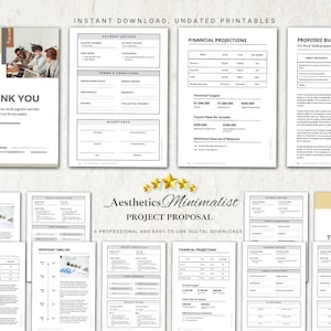 Könnte beinhalten: Eine schwarze und weiße ästhetische minimalistische Projektvorlagen-Vorlage mit einem professionellen und einfach zu verwendenden digitalen Download-Label. Die Vorlage enthält Abschnitte für die Projektbeschreibung, den Zeitplan, Finanzprognosen, Geschäftsbedingungen und die Annahme.