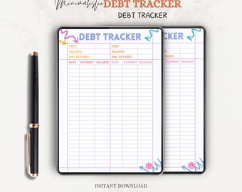 May include: A digital debt tracker template displayed on two tablet screens, featuring a grid with columns for date, payment, and balance. The design includes the text DEBT TRACKER, colorful arrows, and a small smiley face icon, accompanied by a black pen.