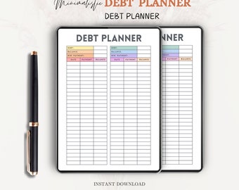 May include: A digital debt planner template with two side-by-side pages featuring columns for date, payment, and balance. The text reads Minimalistic DEBT PLANNER, DEBT PLANNER, INSTANT DOWNLOAD, and EDIT - PERSONALIZE - PRINT. A black pen is included.