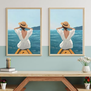 Digital Oil Painting of a Girl on a Boat, High-Resolution Printable Art, Lake Painting, Farmhouse Country Wall Art, Wall Decor, Home Decor