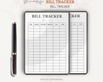 May include: A black pen with gold accents positioned next to two digital tablet screens displaying a white bill tracker template. The template features columns for Date, Order No, Items Sold, Sales Price, Cost, and Profit. Text includes BILL TRACKER.