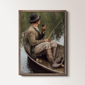 Fisherman Print Vintage Gift For Dad | Rustic Fishing Painting Cabin Decor Digital Download | Fishermen Fly Fish Printable Wall Art 093