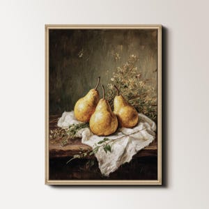 Stampa artistica di pere, dipinto rustico di natura morta di frutta, decorazione da parete vintage per cucina, stampa di pere in stile rustico, poster di cibo autunnale 079