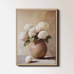 Weiße Hortensie Kunstdruck, Neutrale Hortensie Malerei Bauernhaus Blumenkunst Digitaldruck, Neutrale Blumen Wandkunst druckbares Stillleben 048