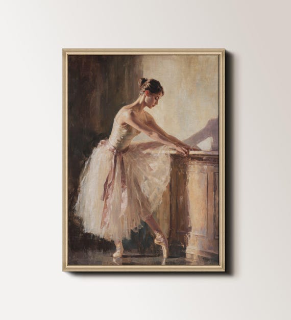 Ballet Art Print, Elegant Ballerina at the Barre Painting, Vintage Ballet Wall Art, Neutral Dance Printable, Romantic Ballet Room Decor 021