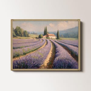 Lavender Field Art Print, Provence Farmhouse Painting, French Country Wall Decor, Rustic Landscape Printable, Vintage Floral Artwork 065