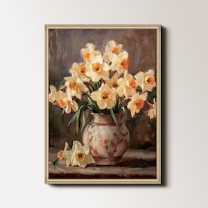 Impresión artística de narcisos, arte de pared vintage de narcisos, pintura de narcisos de primavera, impresión de flores de granja, descarga digital imprimible de jarrón floral 146