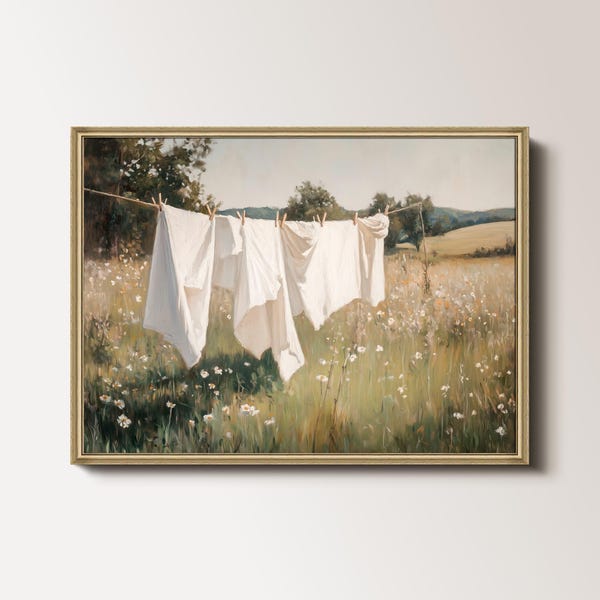 Vintage Waschküche Kunst, Waschraum Wandkunst, Waschtag Druck, Wäscheleine Malerei, ländliche Wiese Kunst, Cottagecore Kunst druckbare 117
